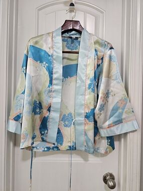 Oscar De La Renta Pink Label Aqua and Soft Blue Floral Kimono Jacket